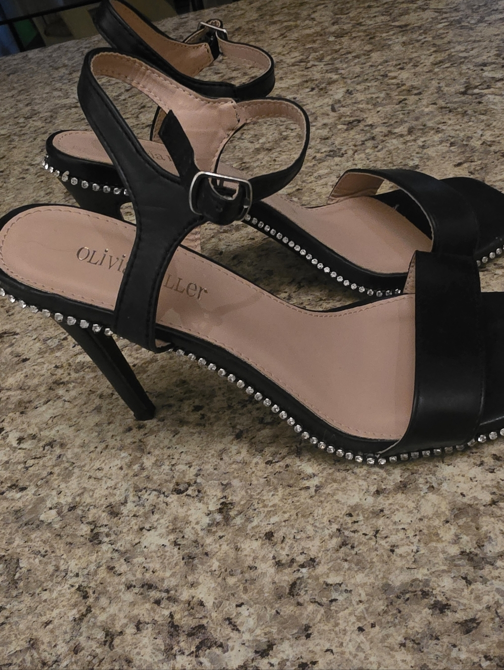 Black Ankle-Strap Heels with Rhinestone Trim